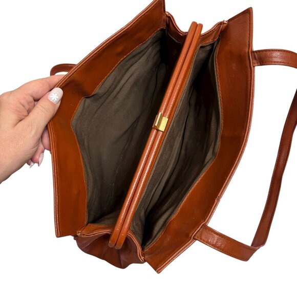 Vintage 80s Brown Faux Leather Shoulder Bag Interior Pockets Kiss Lock Magnetic - Picture 4 of 7